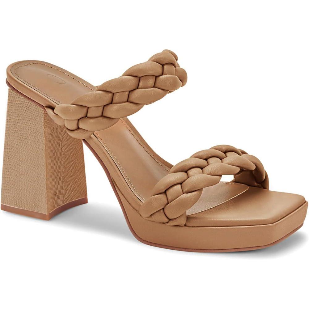 image:imageCoutgo Womens Platform Heels Chunky Heel Braided Heeled Sandals Slip on High Mules Party Summer Dress ShoesLight Brown