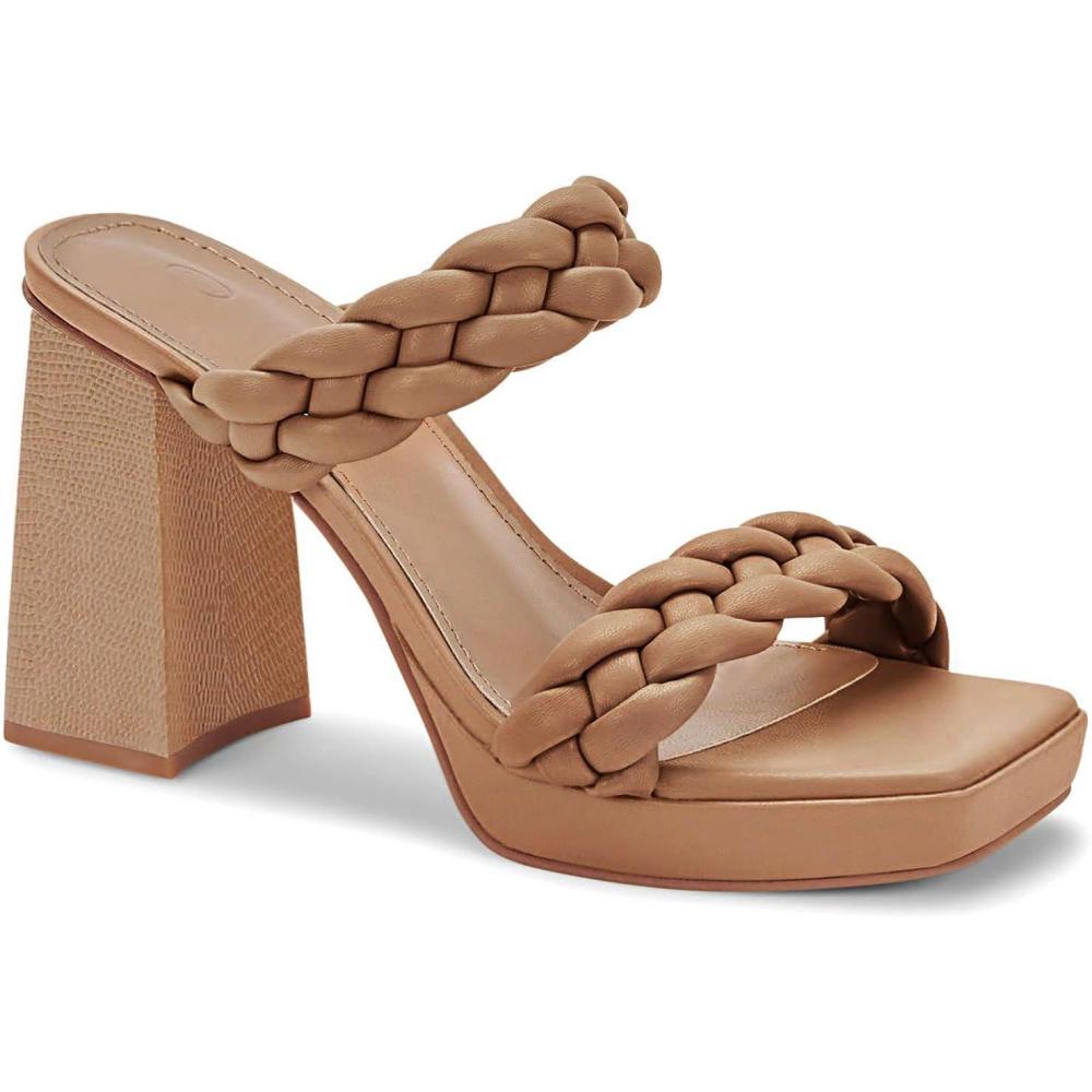 image:imageCoutgo Womens Platform Heels Chunky Heel Braided Heeled Sandals Slip on High Mules Party Summer Dress ShoesLight Coffee