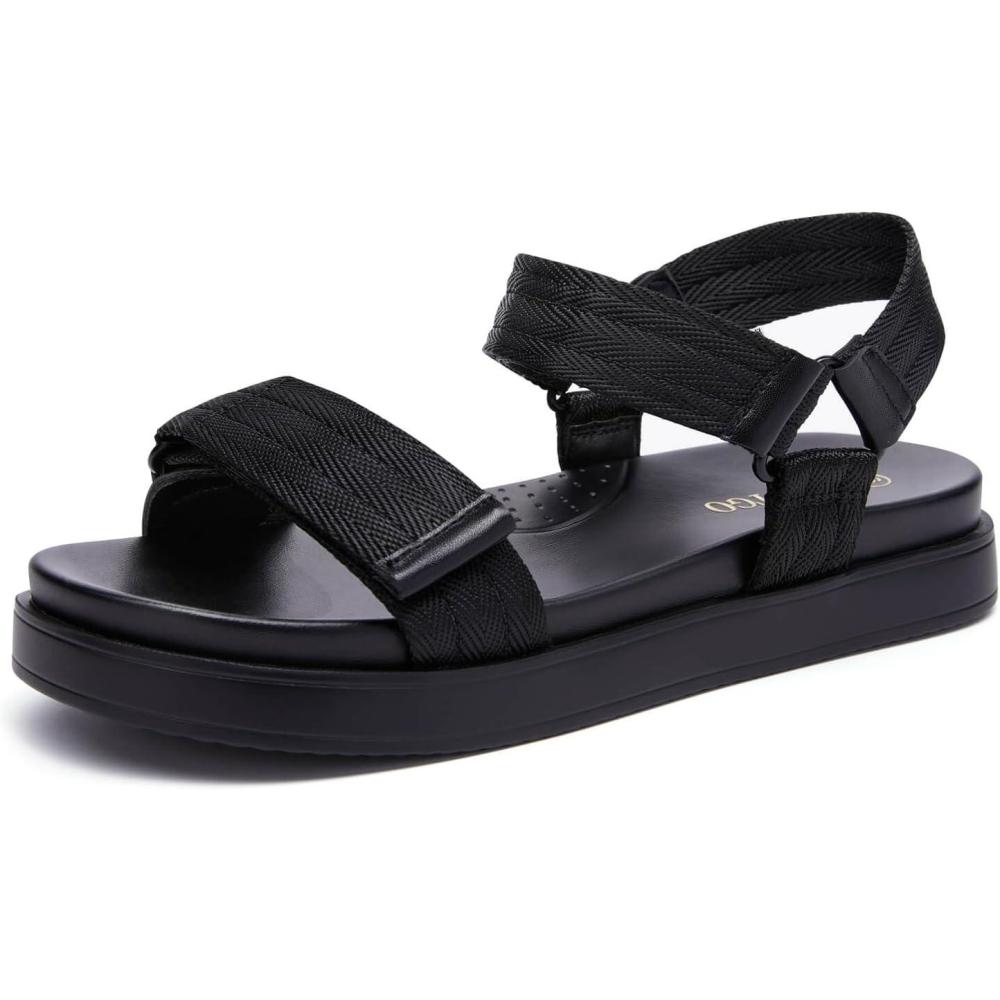 image:imageCoutgo Womens Platform Sandals Adjustable Strap Open Toe Low Wedge Sandals Beach Vacation ShoesBlack Textile
