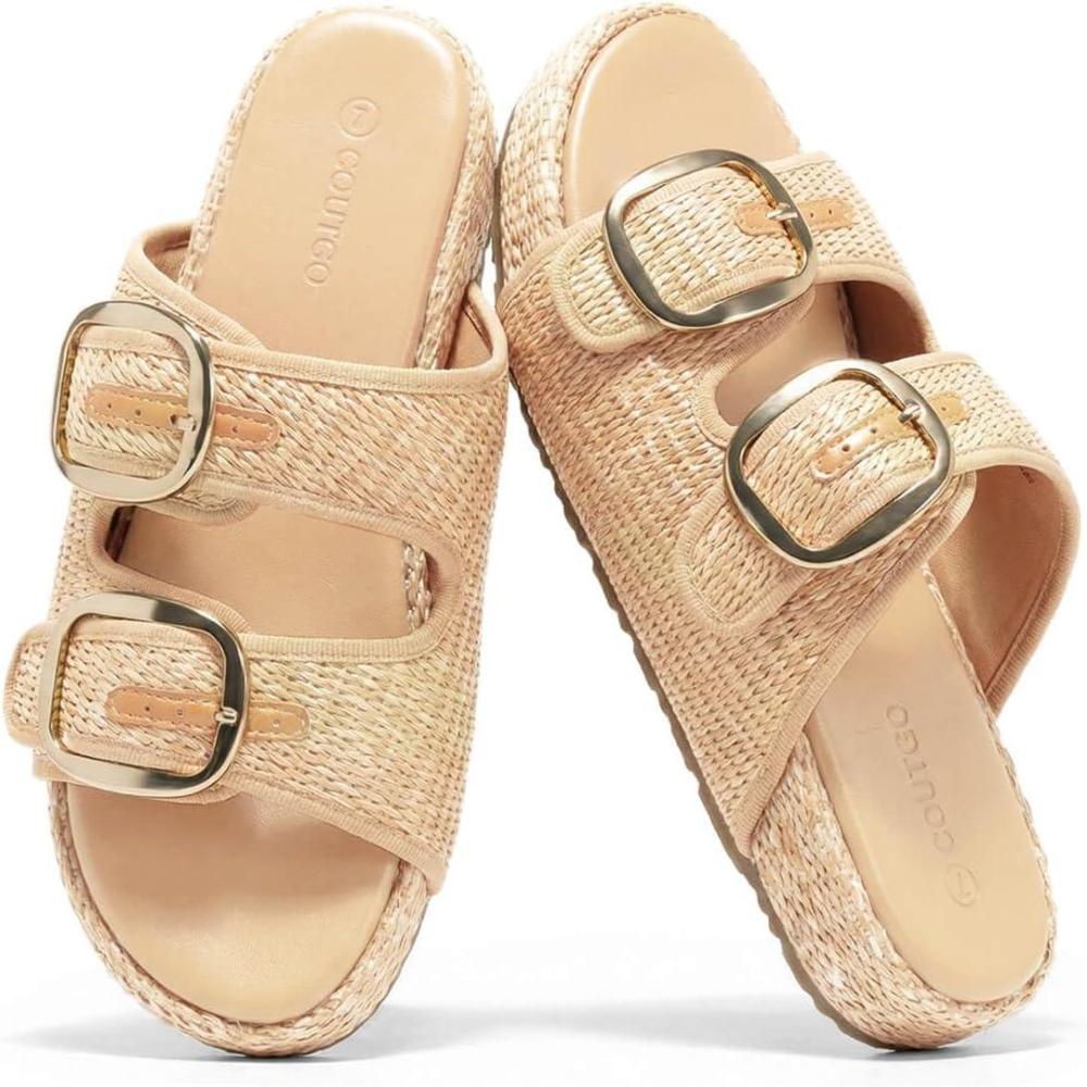 image:imageCoutgo Womens Platform Sandals Raffia Espadrilles Two Band Open Toe Slip On Slides Beach Vacation ShoesApricot