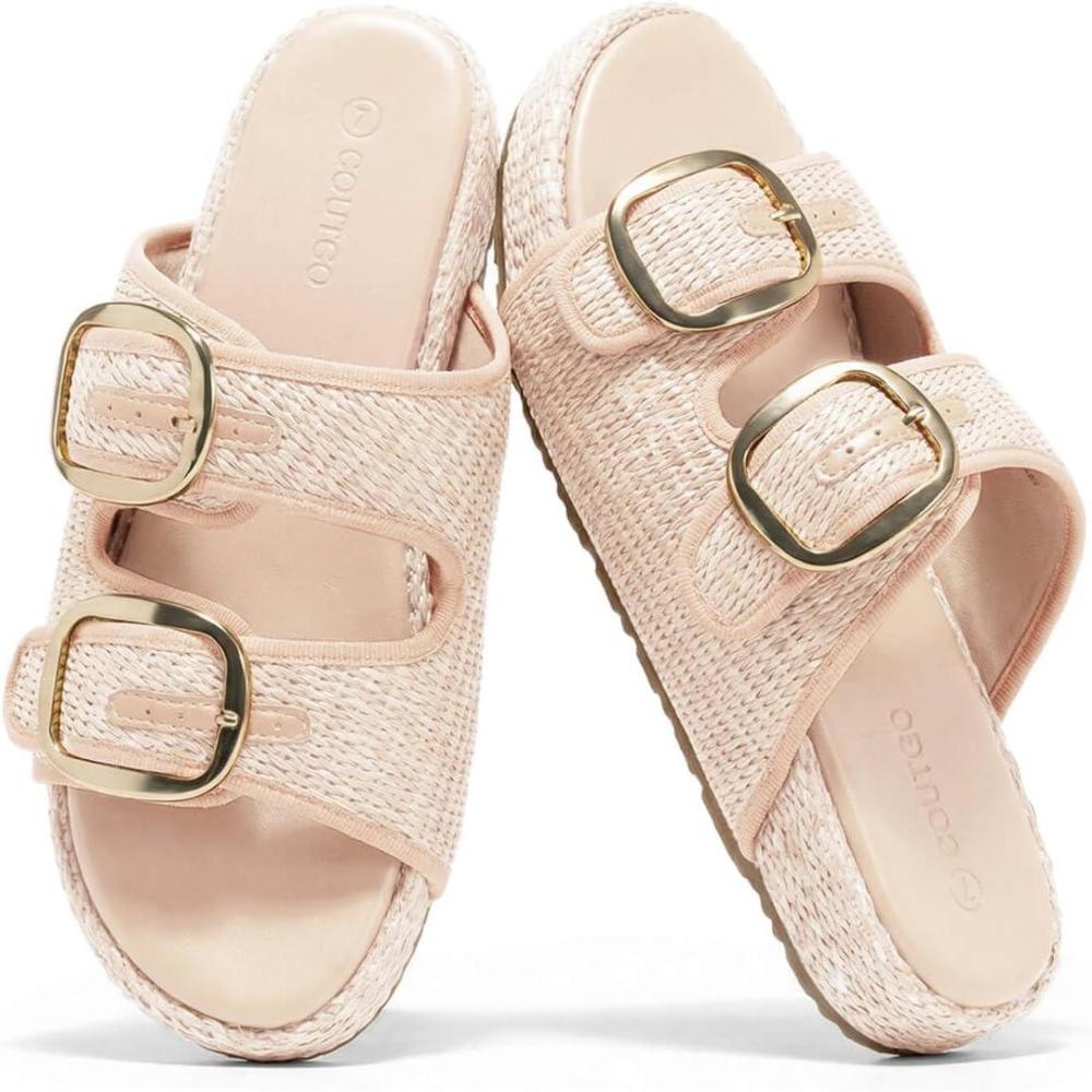 image:imageCoutgo Womens Platform Sandals Raffia Espadrilles Two Band Open Toe Slip On Slides Beach Vacation ShoesBeige
