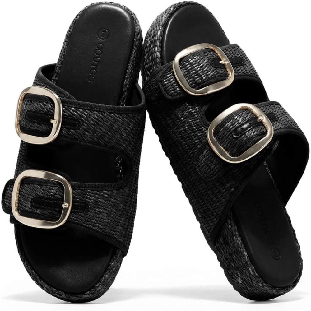 image:imageCoutgo Womens Platform Sandals Raffia Espadrilles Two Band Open Toe Slip On Slides Beach Vacation ShoesBlack