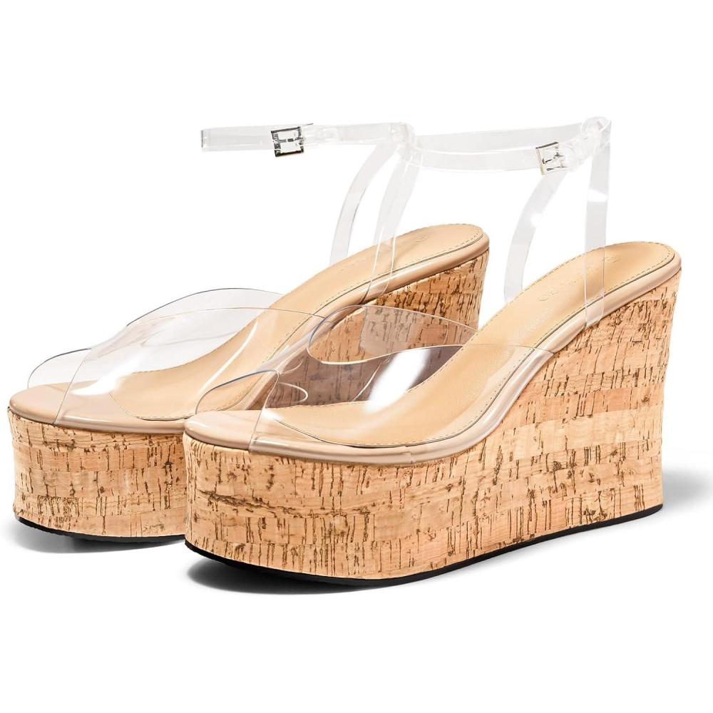 image:imageCoutgo Womens Platform Wedge Peep Toe SandalsTransparent