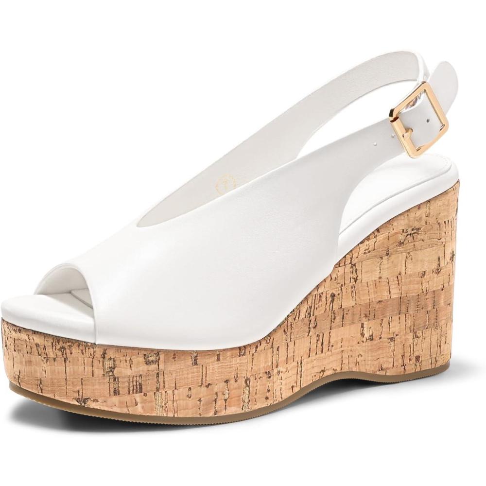 image:imageCoutgo Womens Platform Wedge Sandals Open Peep Toe Slingback Cork High Heels Summer Beach ShoesWhite