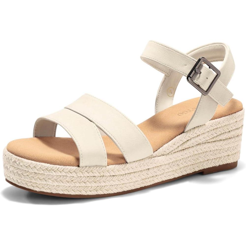 image:imageCoutgo Womens Wedge Platform Sandals Espadrille Heels Open Toe Buckle Ankle Strap Summer Shoes Beige Size 65