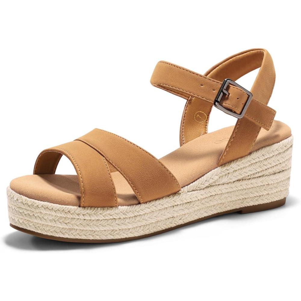 image:imageCoutgo Womens Wedge Platform Sandals Espadrille Heels Open Toe Buckle Ankle Strap Summer ShoesBrown