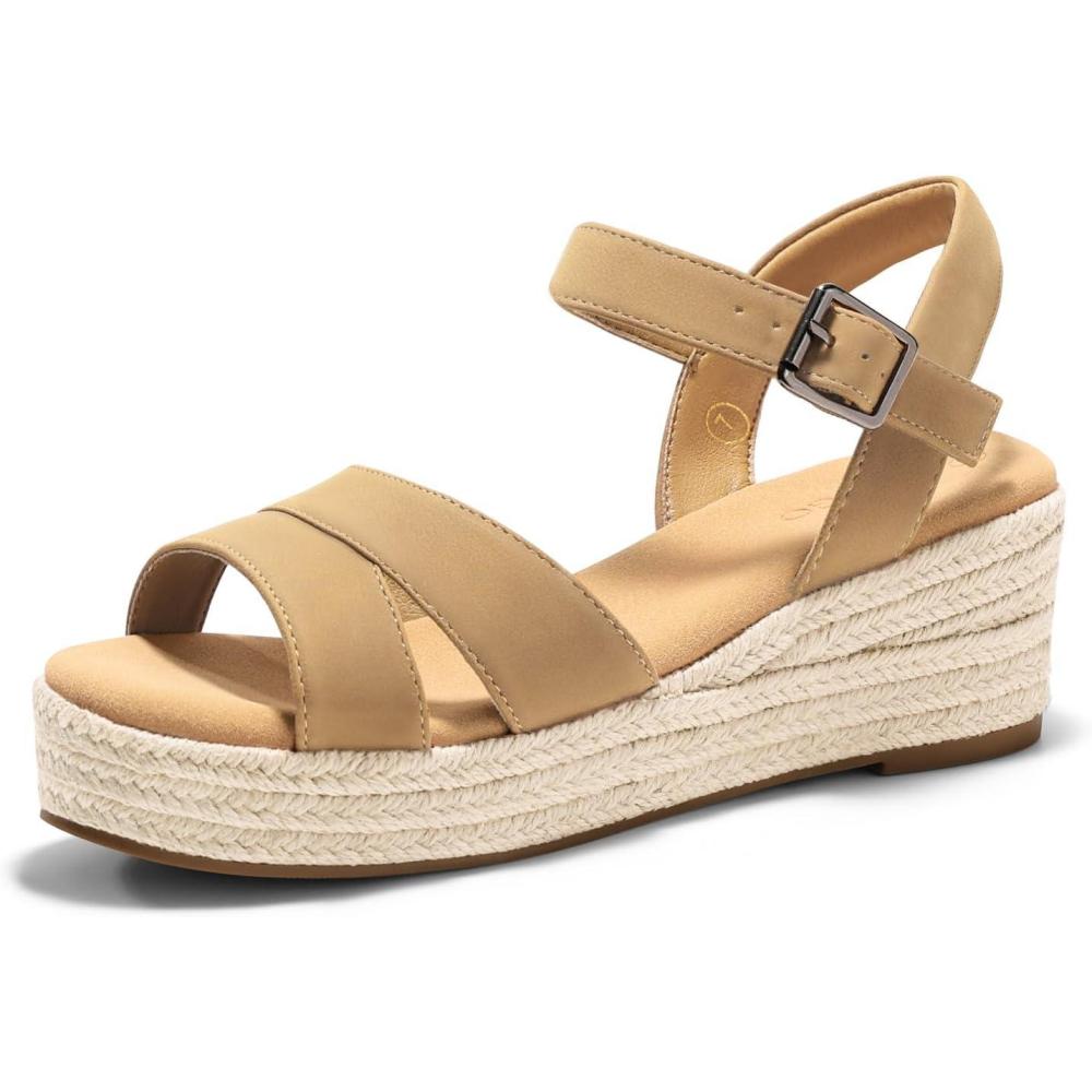image:imageCoutgo Womens Wedge Platform Sandals Espadrille Heels Open Toe Buckle Ankle Strap Summer ShoesKhaki