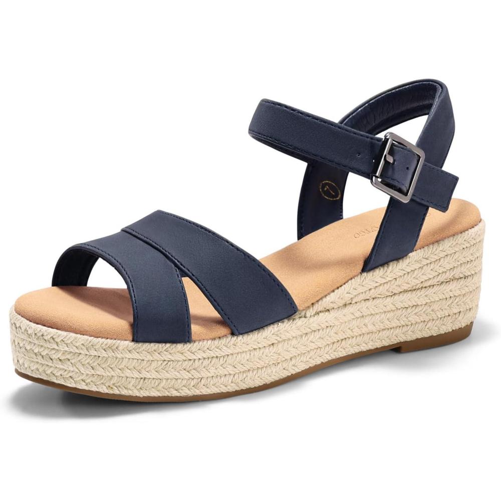 image:imageCoutgo Womens Wedge Platform Sandals Espadrille Heels Open Toe Buckle Ankle Strap Summer ShoesNavy