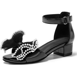 Coutgo Girls Dress Shoes Sandals Bow Pearl Open Toe Low Chunky Heels Ankle Strap Flower Girl Wedding Party Shoes(Black)