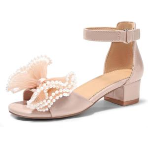 Coutgo Girls Dress Shoes Sandals Bow Pearl Open Toe Low Chunky Heels Ankle Strap Flower Girl Wedding Party Shoes(Nude)