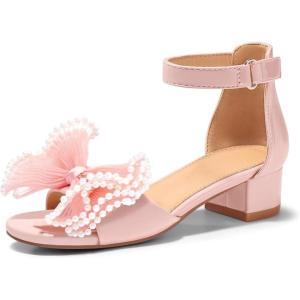 Coutgo Girls Dress Shoes Sandals Bow Pearl Open Toe Low Chunky Heels Ankle Strap Flower Girl Wedding Party Shoes(Pink)