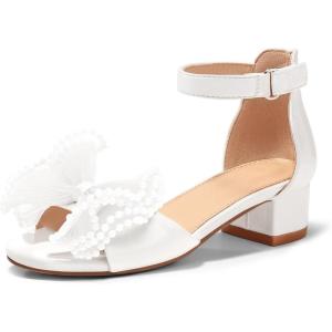 Coutgo Girls Dress Shoes Sandals Bow Pearl Open Toe Low Chunky Heels Ankle Strap Flower Girl Wedding Party Shoes(White)