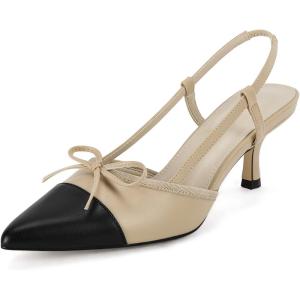 Coutgo Women‘s Bow Tie Slingback Pumps Pointed Toe Kitten Low Heel Patchwork Dress Heeled Sandals(Dark Khaki)
