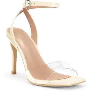 Coutgo Womens Clear Heels Sandals Square Toe Ankle Strap Sexy High Heeled Stiletto Dress Shoes(Beige)