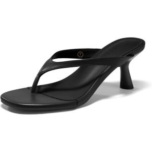 Coutgo Womens Kitten Low Heels Flip Flop Open Toe Thong Sandals Slides Slip On Summer Beach Dress Shoes(Black)