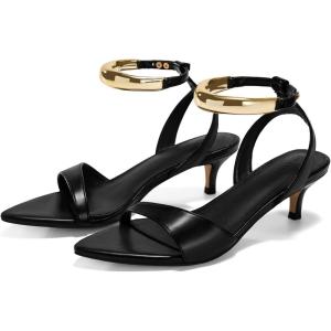 Coutgo Womens Low Kitten Heels Sandals Strappy Pointed Open Toe One Strap Metal Summer Dress Shoes(Black)
