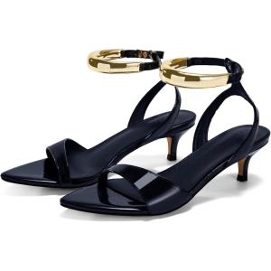 Coutgo Womens Low Kitten Heels Sandals Strappy Pointed Open Toe One Strap Metal Summer Dress Shoes(Navy Blue)