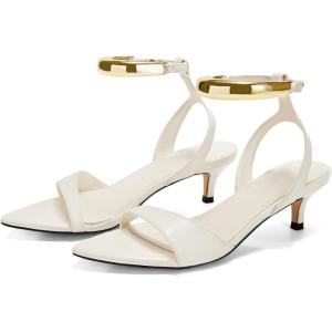 Coutgo Womens Low Kitten Heels Sandals Strappy Pointed Open Toe One Strap Metal Summer Dress Shoes(White)