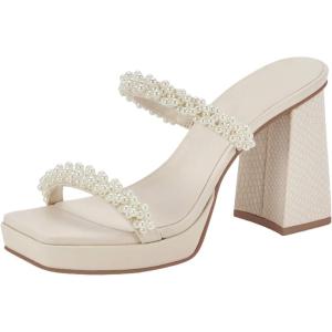 Coutgo Women’s Platform Chunky High Heels Slip On Pearl Sandals Two Strap Square Toe Slides Dress Wedding Shoes, Beige, Size 8.5