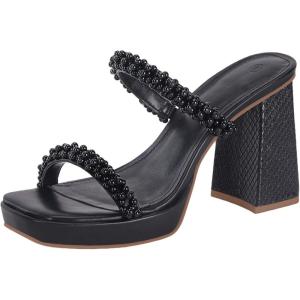 Coutgo Women’s Platform Chunky High Heels Slip On Pearl Sandals Two Strap Square Toe Slides Dress Wedding Shoes, Black, Size 9