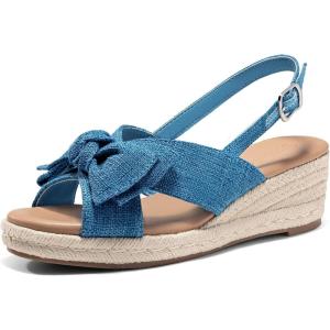 Coutgo Women’s Platform Espadrille Wedge Sandals Slingback Bowknot Open Toe Casual Summer Dress Shoes, Blue, Size 10