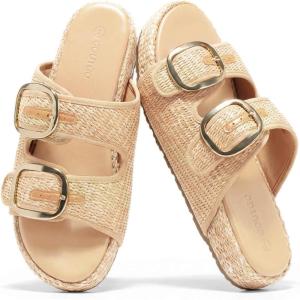 Coutgo Womens Platform Sandals Raffia Espadrilles Two Band Open Toe Slip On Slides Beach Vacation Shoes(Apricot)