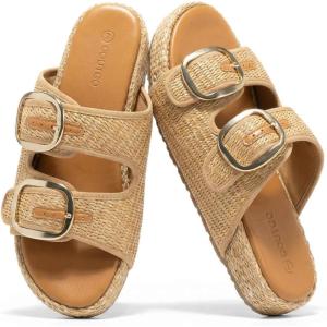 Coutgo Womens Platform Sandals Raffia Espadrilles Two Band Open Toe Slip On Slides Beach Vacation Shoes(Khaki)