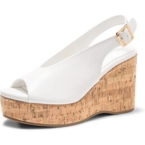 Coutgo Womens Platform Wedge Sandals Open Peep Toe Slingback Cork High Heels Summer Beach Shoes(White)