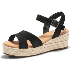 Coutgo Womens Wedge Platform Sandals Espadrille Heels Open Toe Buckle Ankle Strap Summer Shoes(Black)