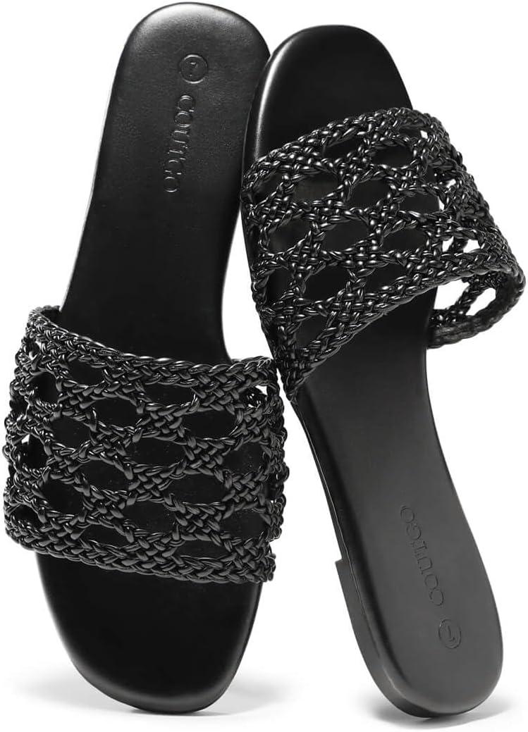 image:imageCoutgo Womens Flat Sandals Dressy Open Square Toe Slip On Slide Sandals Beach Vacation ShoesBlack