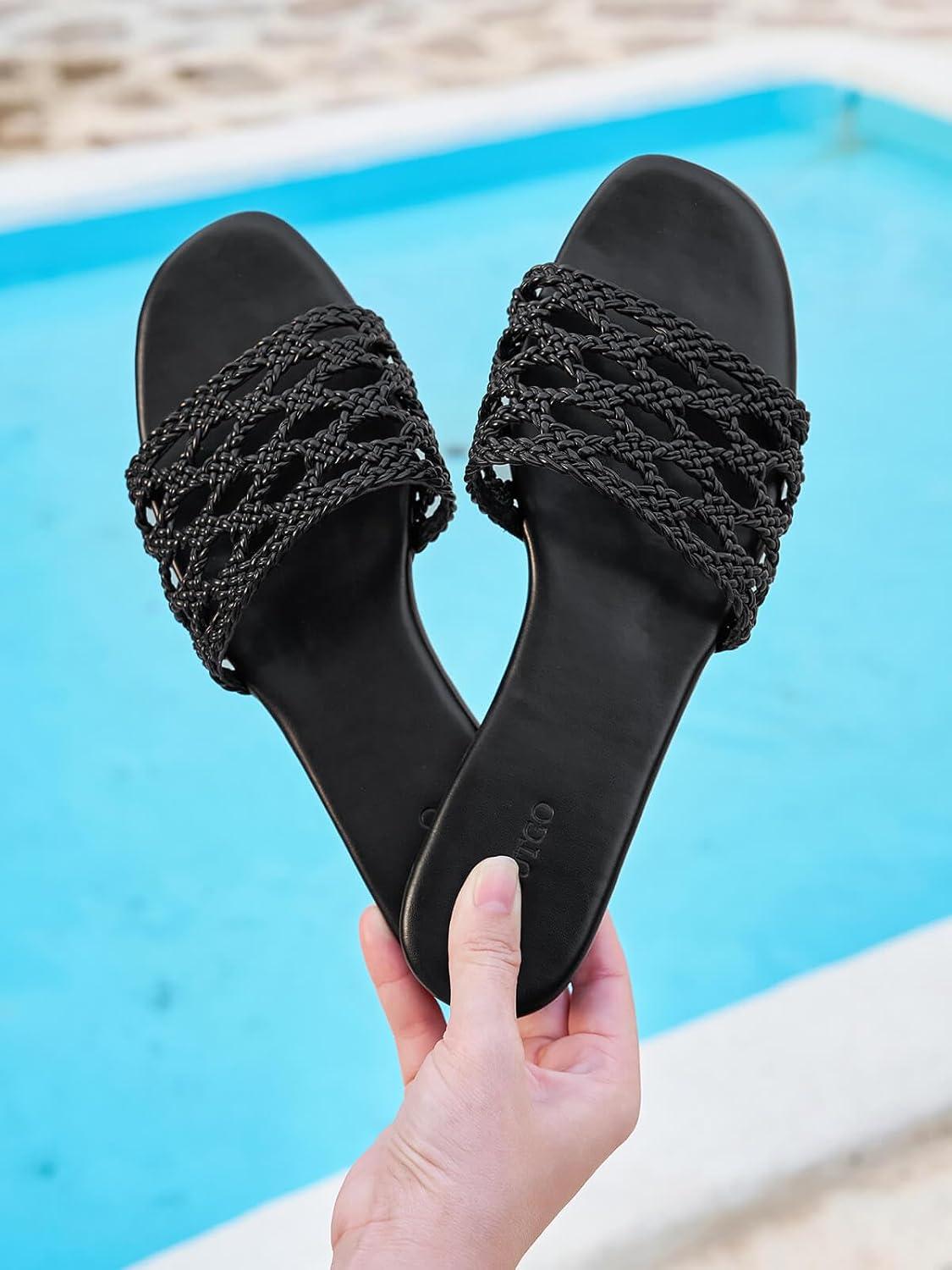 image:imageCoutgo Womens Flat Sandals Dressy Open Square Toe Slip On Slide Sandals Beach Vacation ShoesBlack