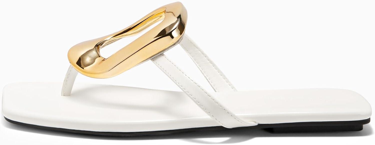 image:imageCoutgo Womens Flat Sandals Flip Flops Comfortable Slide Sandals Summer Beach Shoes with Metal DecorationWhite
