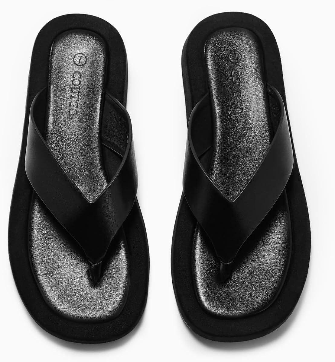 image:imageCoutgo Womens Platform Flip Flops Open Toe Slides Flat Sandals Thong Summer Beach Vacation ShoesBlack