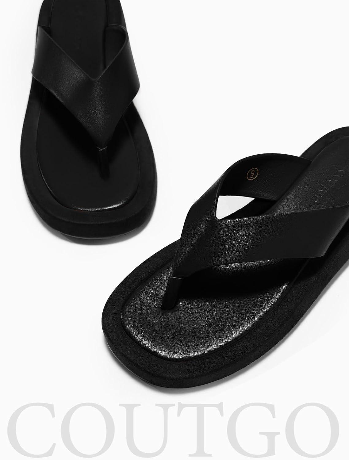 image:imageCoutgo Womens Platform Flip Flops Open Toe Slides Flat Sandals Thong Summer Beach Vacation ShoesBlack
