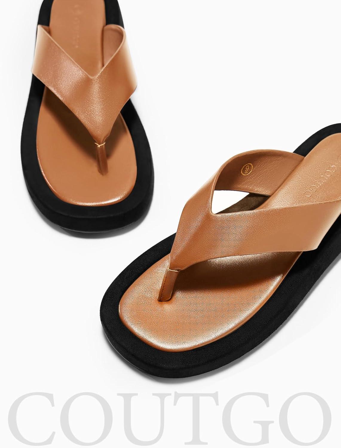 image:imageCoutgo Womens Platform Flip Flops Open Toe Slides Flat Sandals Thong Summer Beach Vacation ShoesBrown