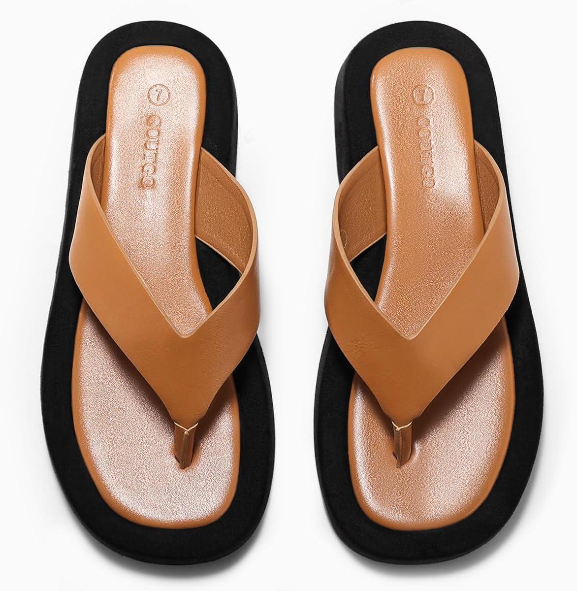 image:imageCoutgo Womens Platform Flip Flops Open Toe Slides Flat Sandals Thong Summer Beach Vacation ShoesBrown