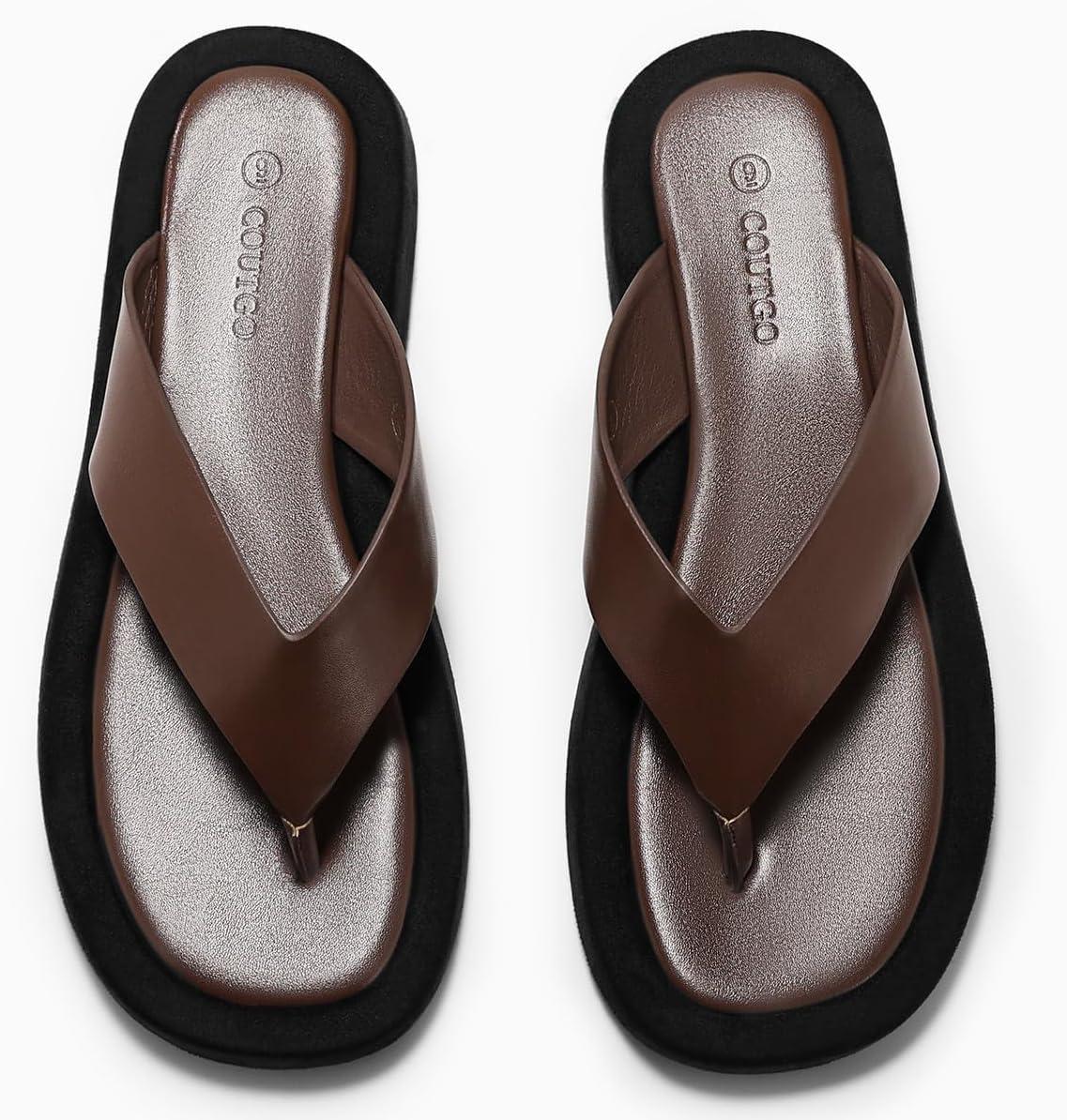 image:imageCoutgo Womens Platform Flip Flops Open Toe Slides Flat Sandals Thong Summer Beach Vacation ShoesChocolate Brown