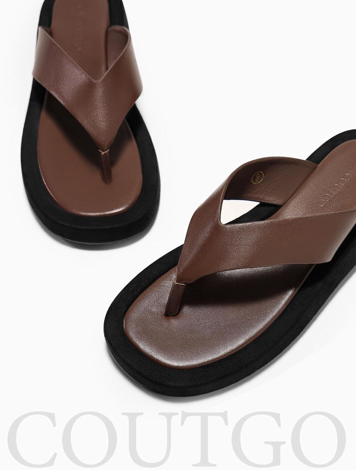 image:imageCoutgo Womens Platform Flip Flops Open Toe Slides Flat Sandals Thong Summer Beach Vacation ShoesChocolate Brown