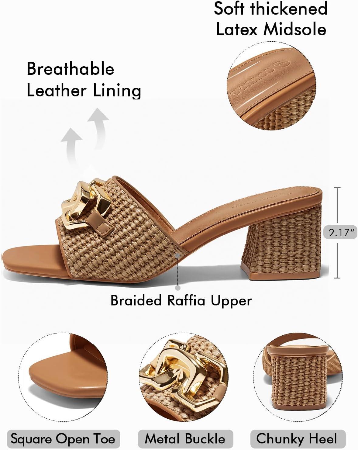 image:imageCoutgo Womens Raffia Slide Sandals Chunky Block Heeled Square Open Toe Metal Chain Slip on Mules Dressy ShoesBrown