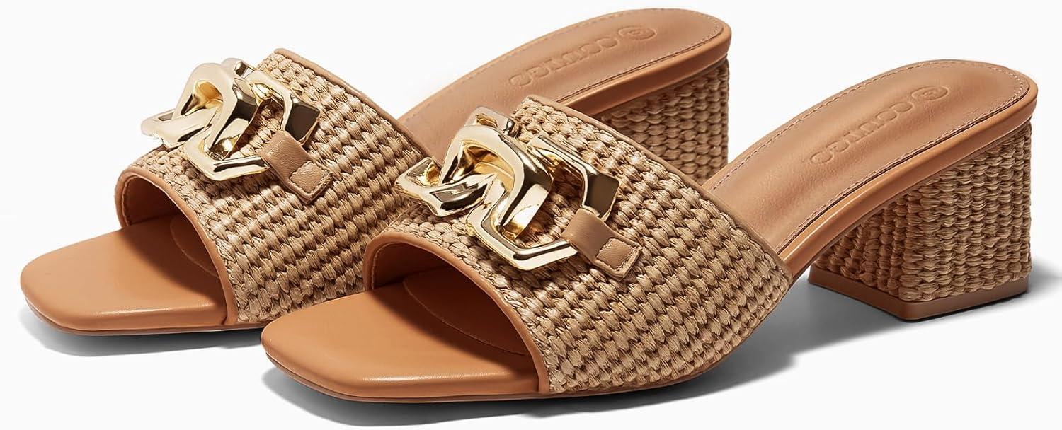 image:imageCoutgo Womens Raffia Slide Sandals Chunky Block Heeled Square Open Toe Metal Chain Slip on Mules Dressy ShoesBrown