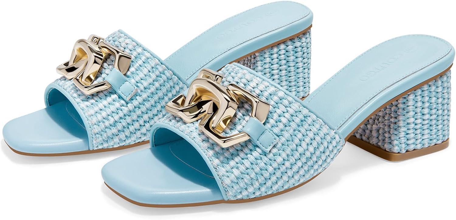 image:imageCoutgo Womens Raffia Slide Sandals Chunky Block Heeled Square Open Toe Metal Chain Slip on Mules Dressy ShoesSky Blue