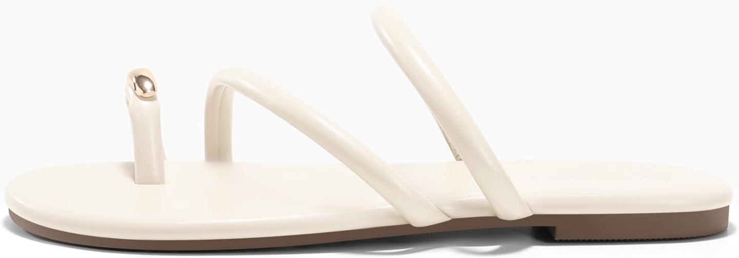 image:imageCoutgo Womens Strappy Flat Sandals Square Open Toe Flip Flops Slides Toe Ring Metal Summer Dress ShoesBeige