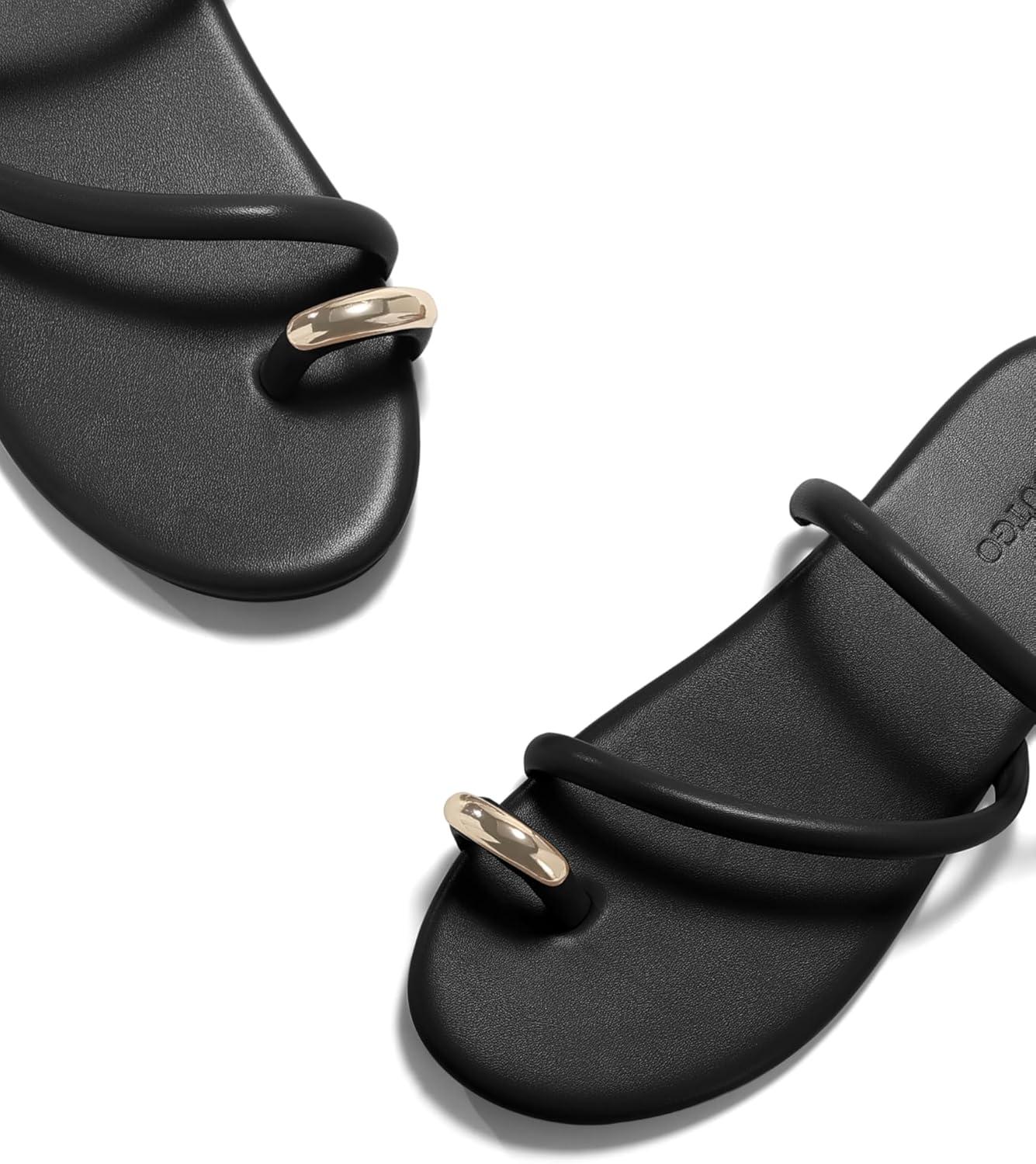 image:imageCoutgo Womens Strappy Flat Sandals Square Open Toe Flip Flops Slides Toe Ring Metal Summer Dress ShoesBlack