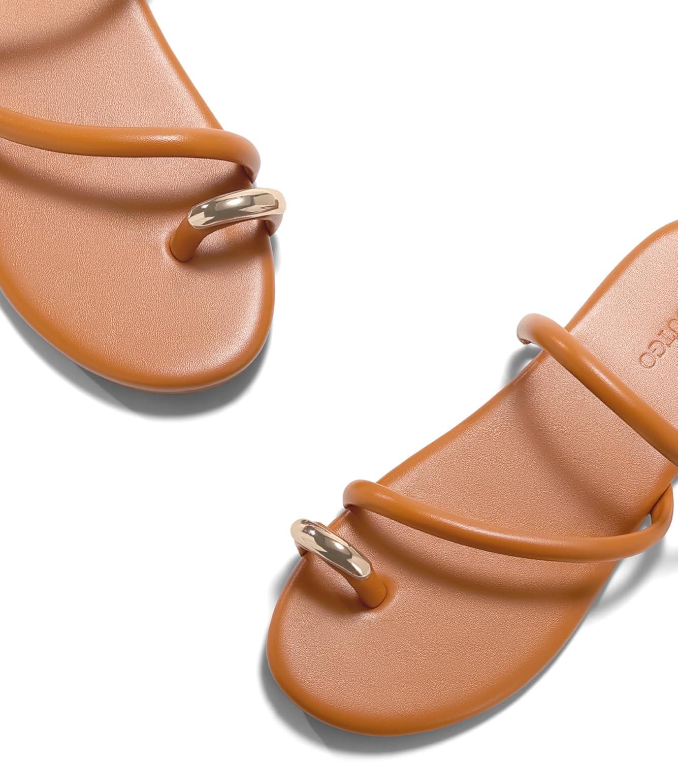 image:imageCoutgo Womens Strappy Flat Sandals Square Open Toe Flip Flops Slides Toe Ring Metal Summer Dress ShoesBrown