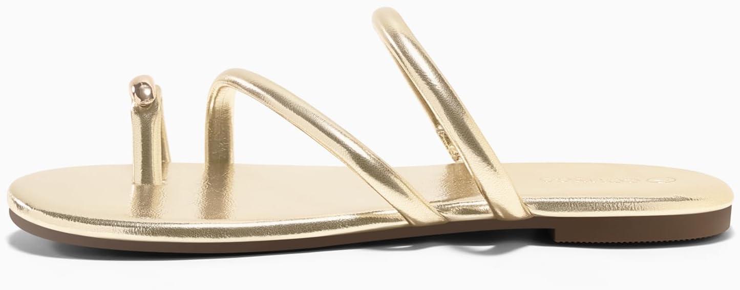 image:imageCoutgo Womens Strappy Flat Sandals Square Open Toe Flip Flops Slides Toe Ring Metal Summer Dress ShoesLight Gold
