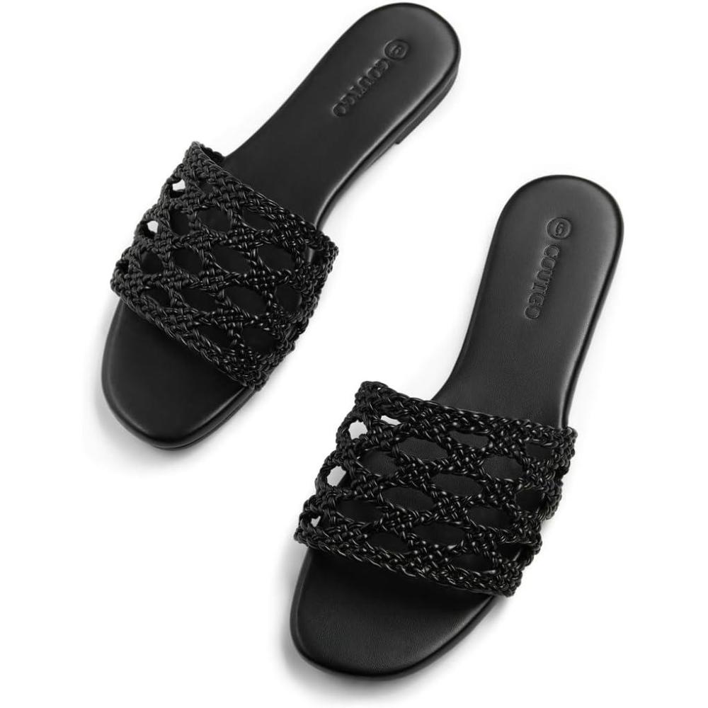 image:imageCoutgo Womens Flat Sandals Dressy Open Square Toe Slip On Slide Sandals Beach Vacation ShoesBlack
