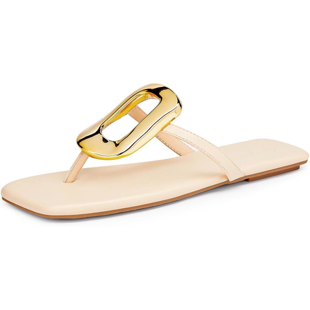 image:imageCoutgo Womens Flat Sandals Flip Flops Comfortable Slide Sandals Summer Beach Shoes with Metal DecorationApricot