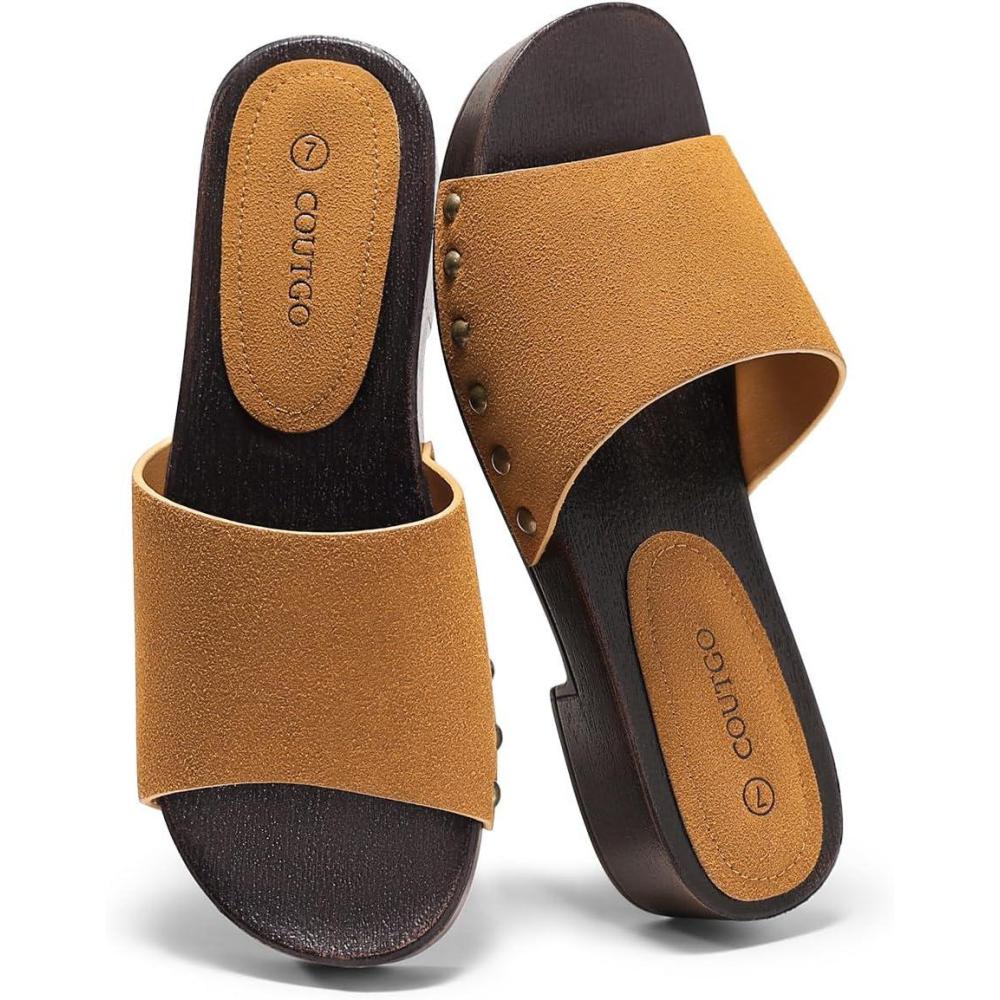 image:imageCoutgo Womens Platform Chunky Low Heels Sandals Open Toe Slides Slip On Summer Beach ShoesSuede Brown
