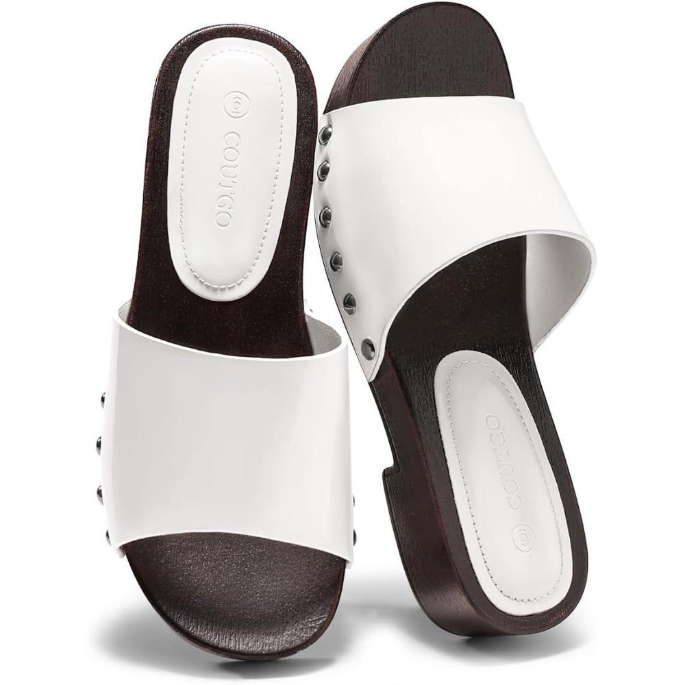 image:imageCoutgo Womens Platform Chunky Low Heels Sandals Open Toe Slides Slip On Summer Beach ShoesWhite