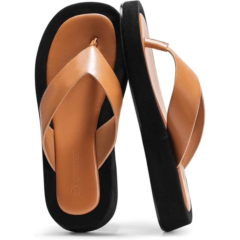 image:imageCoutgo Womens Platform Flip Flops Open Toe Slides Flat Sandals Thong Summer Beach Vacation ShoesBrown